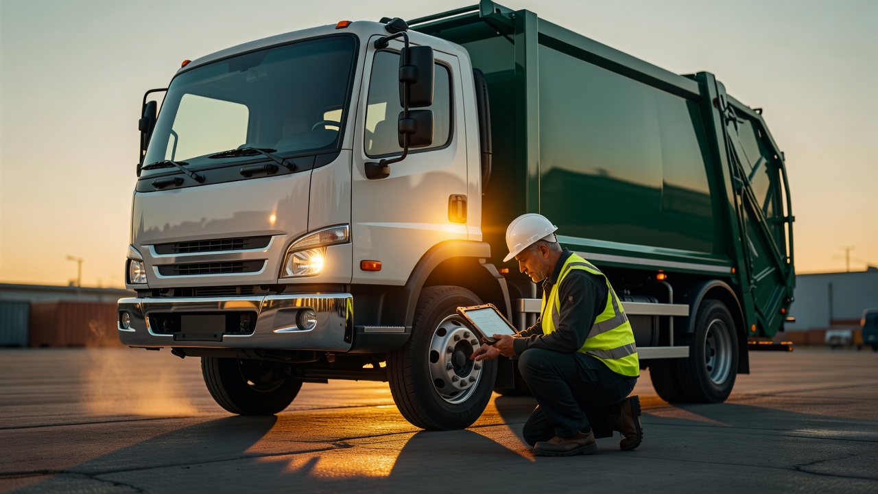 A refuse collection driver in hi-vis and hard hat reviews a shift briefing on a rugged tablet beside a collection truck in a depot yard at the start of a shift.